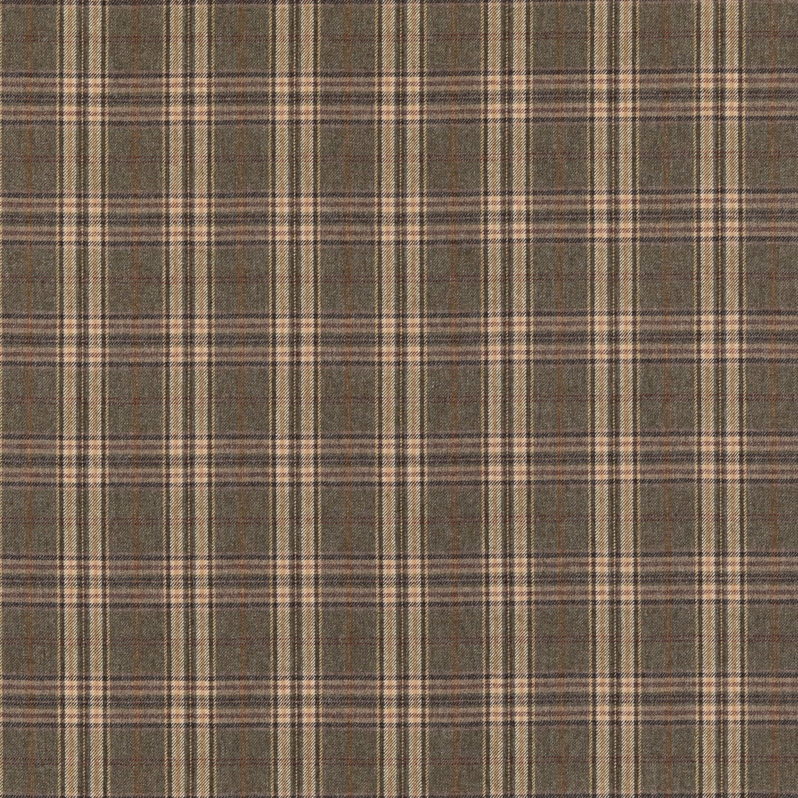 Muted grey-olive wool plaid with fine brown, cream and charcoal lines