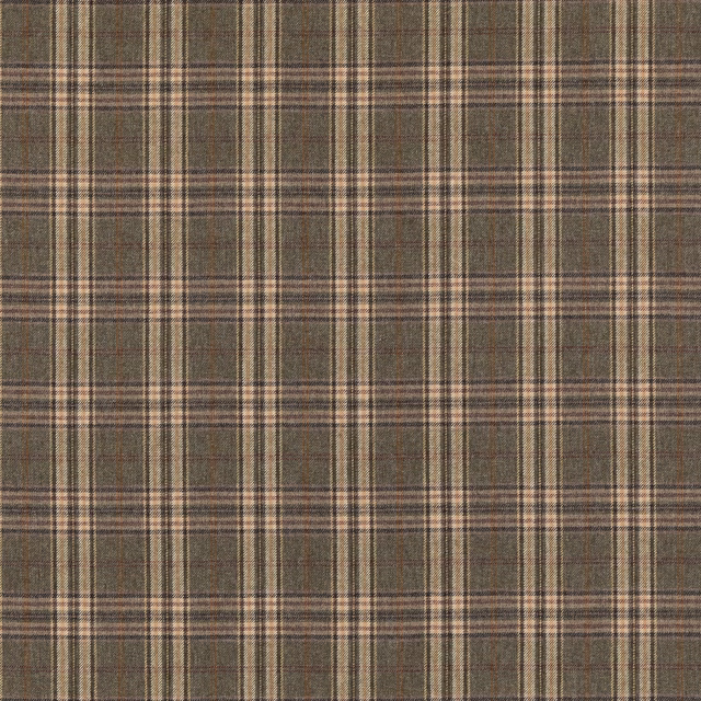 Muted grey-olive wool plaid with fine brown, cream and charcoal lines