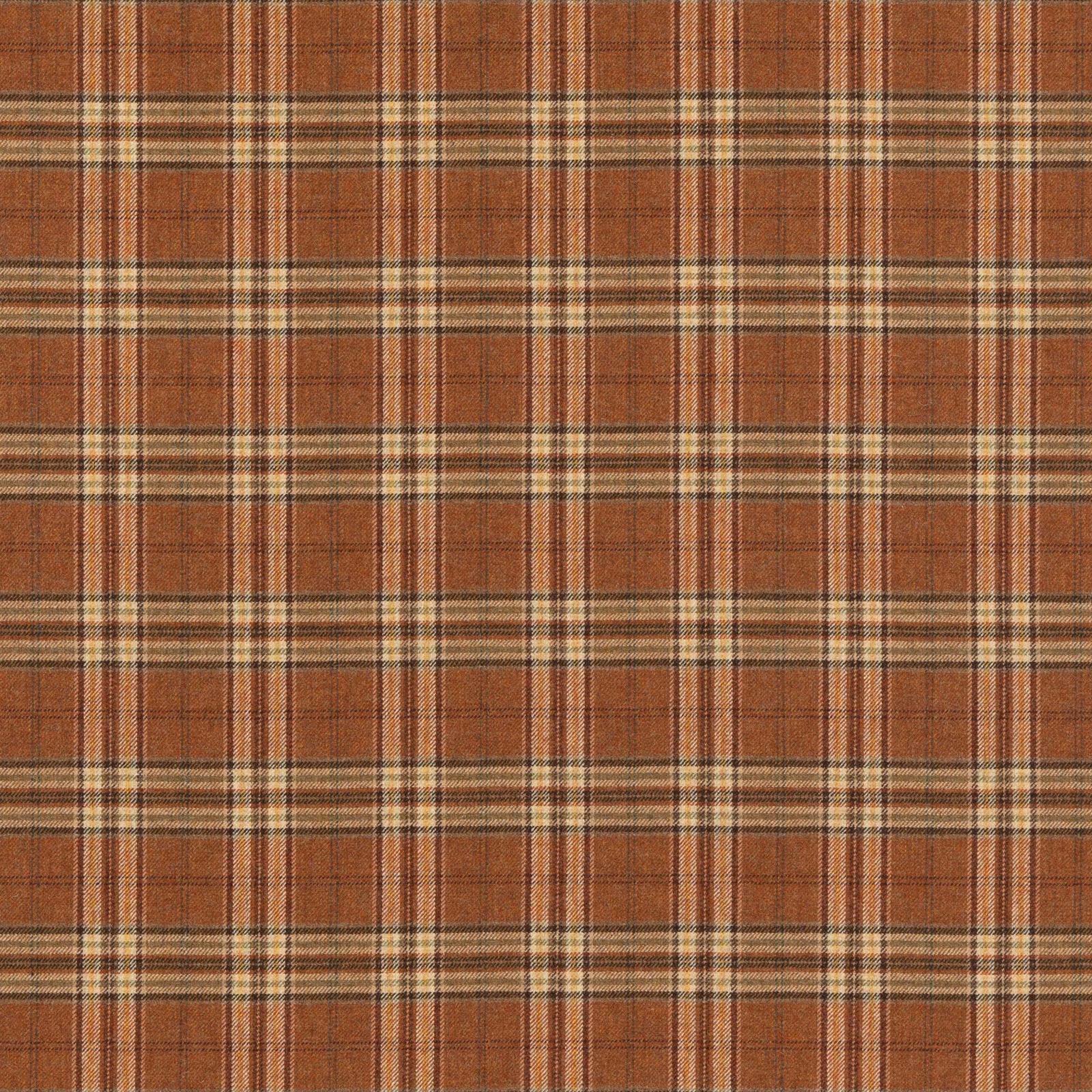 Warm russet wool plaid with cream, charcoal and muted ochre cross-lines