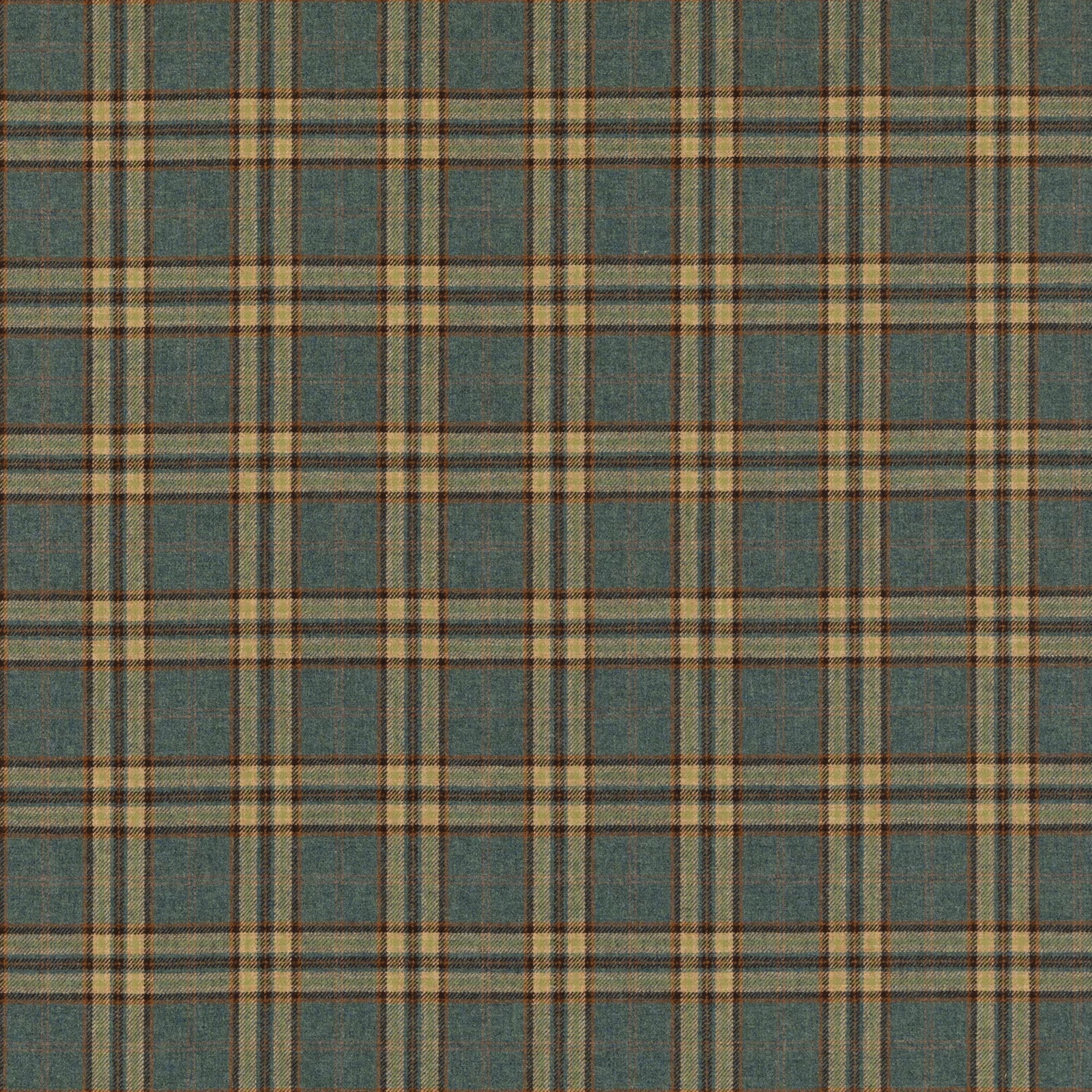 Muted teal wool plaid with tan, brown and charcoal intersecting bands