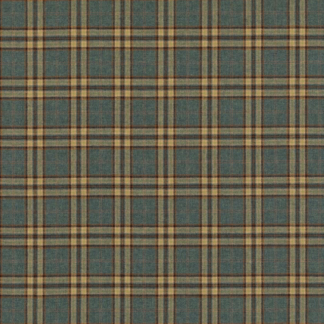 Muted teal wool plaid with tan, brown and charcoal intersecting bands