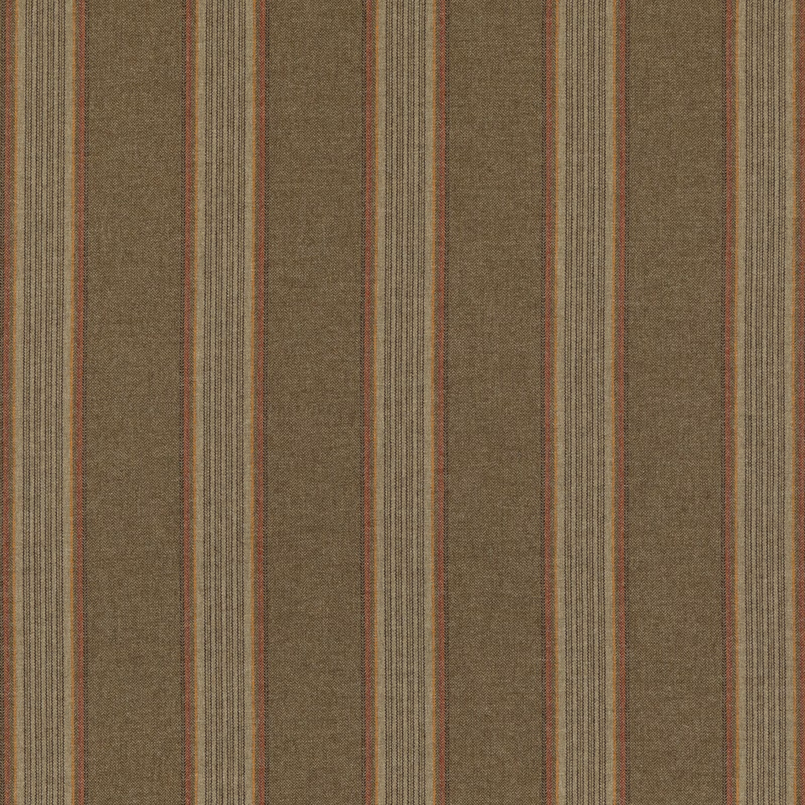 Olive-brown wool stripe with cream, charcoal, green and rust-red vertical lines