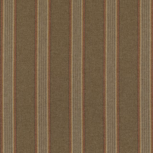 Olive-brown wool stripe with cream, charcoal, green and rust-red vertical lines