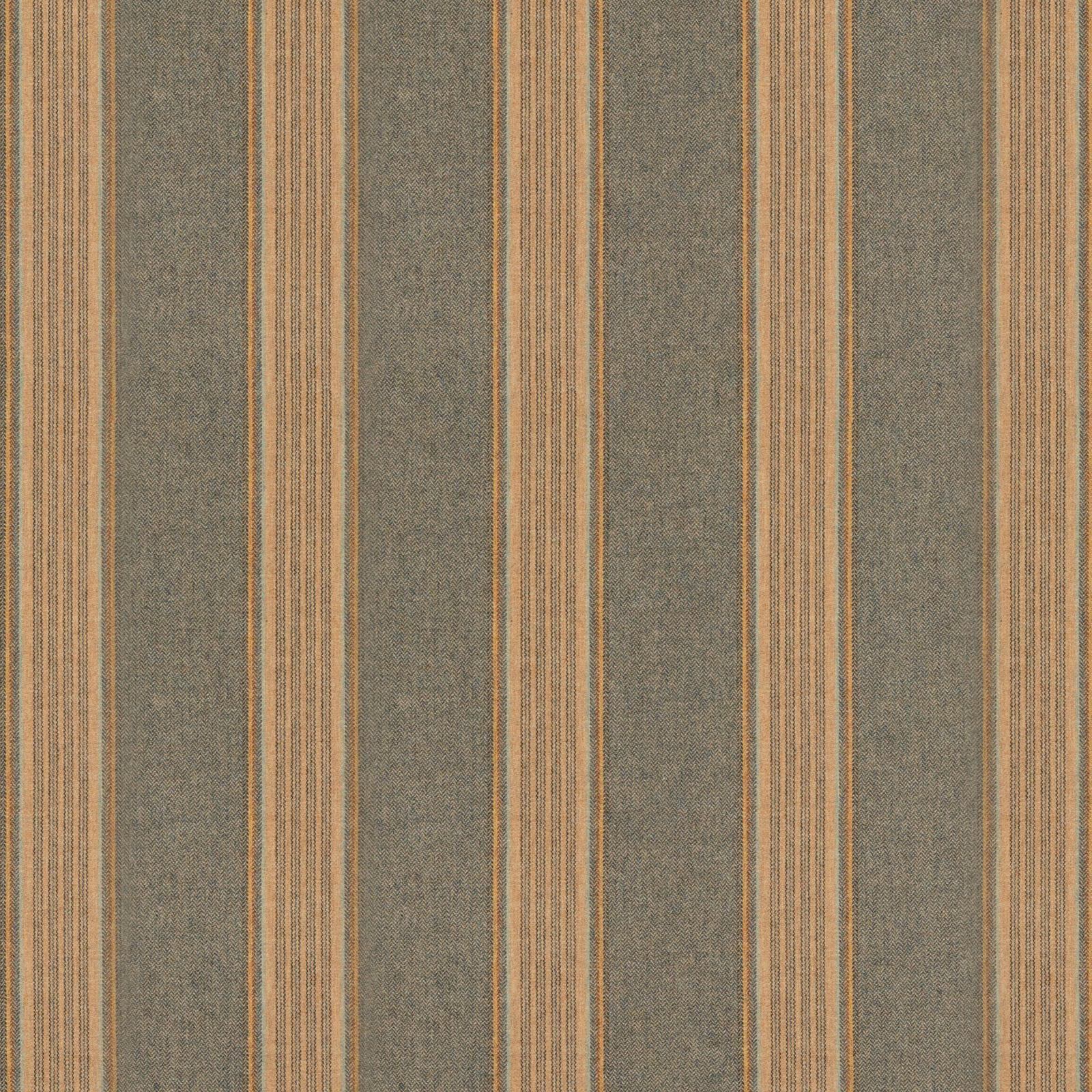 Muted teal wool ground with narrow camel and blue-grey vertical stripes
