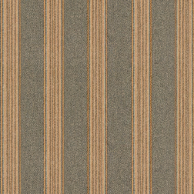 Muted teal wool ground with narrow camel and blue-grey vertical stripes