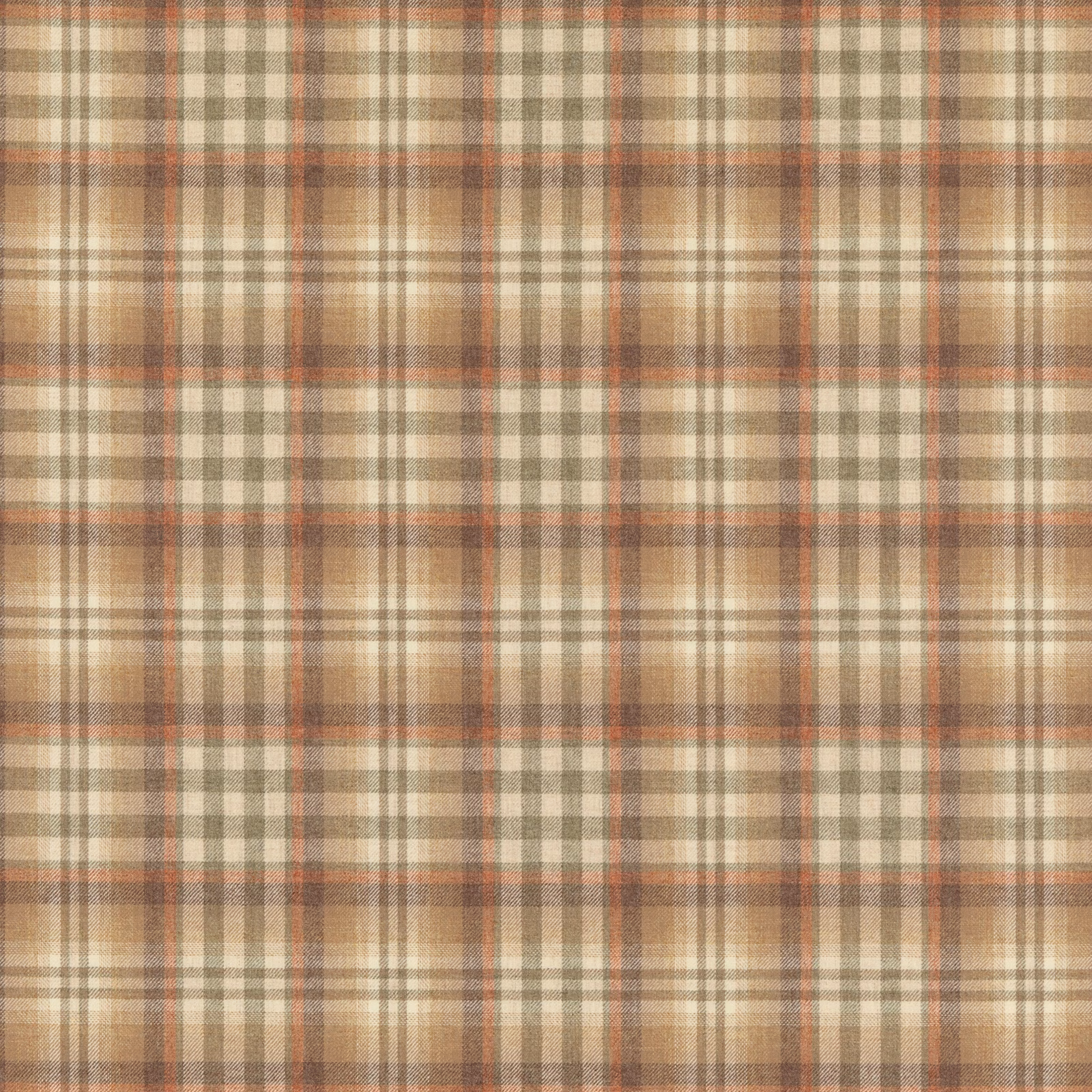 Muted beige, rust and olive plaid with visible woollen weave