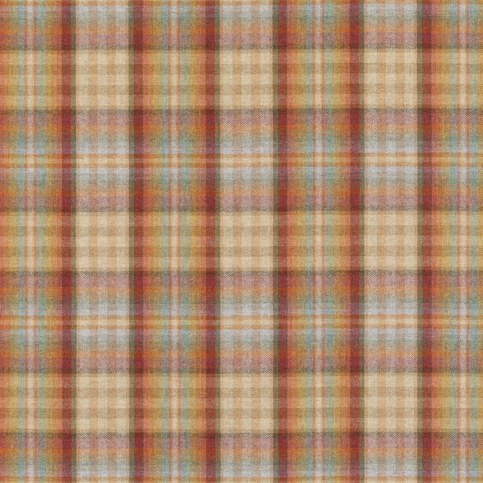 Muted red and stone wool plaid with blue-green and ochre woven checks