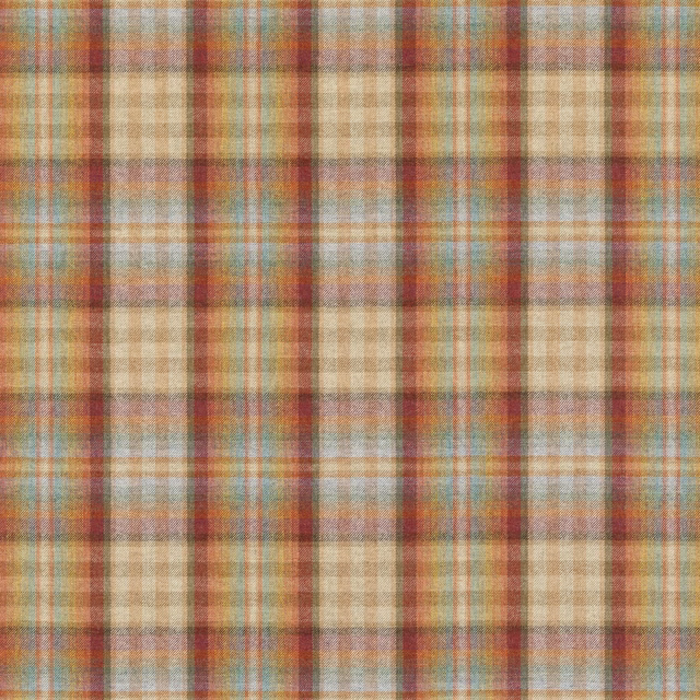 Muted red and stone wool plaid with blue-green and ochre woven checks