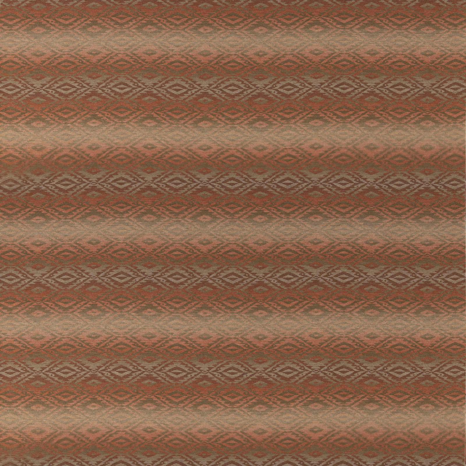 Russet wool fabric with muted terracotta bands and repeating taupe diamond motifs