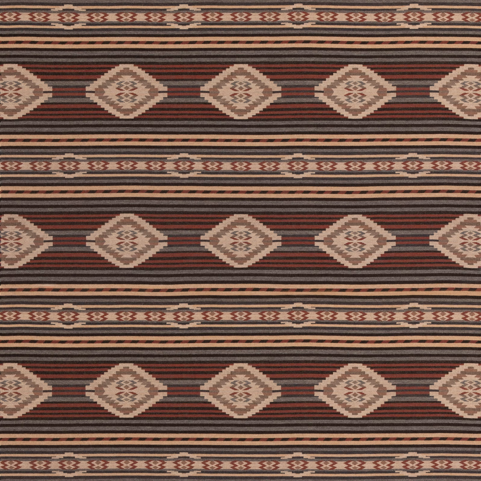 Charcoal and muted red wool with cream diamond motifs and horizontal stripes