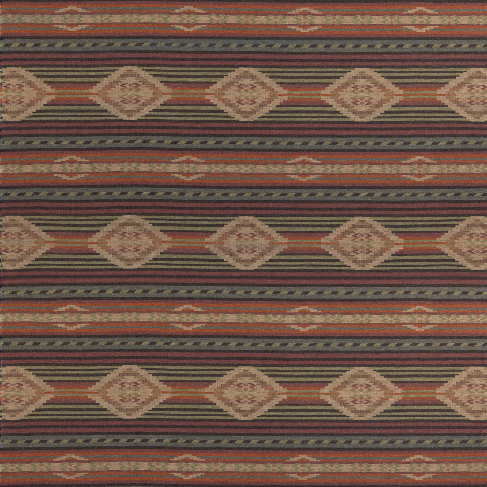 Muted plum and olive wool weave with sandstone diamonds and horizontal geometric stripes