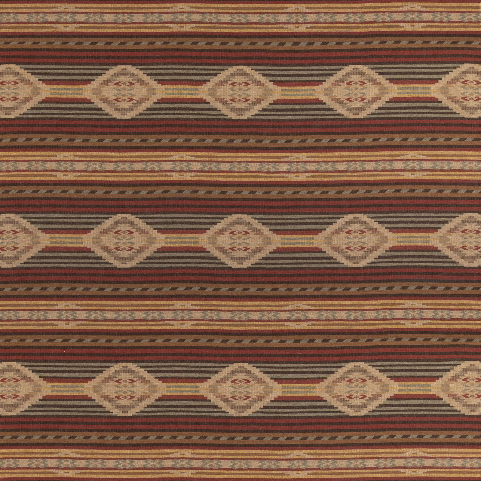 Red, lovat and sand wool weave with horizontal bands and diamond motifs