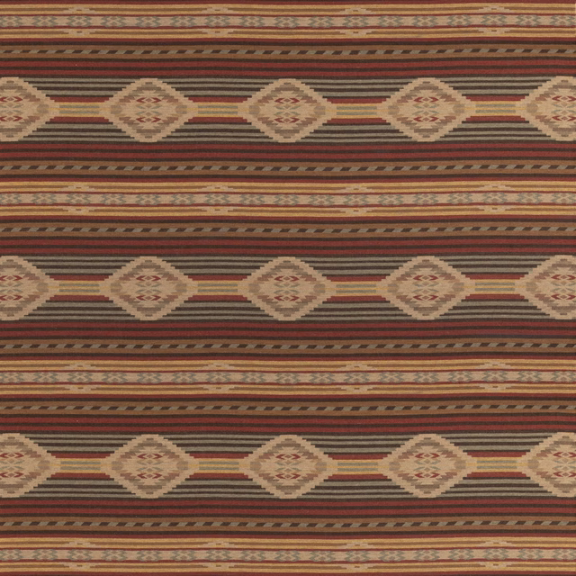 Red, lovat and sand wool weave with horizontal bands and diamond motifs