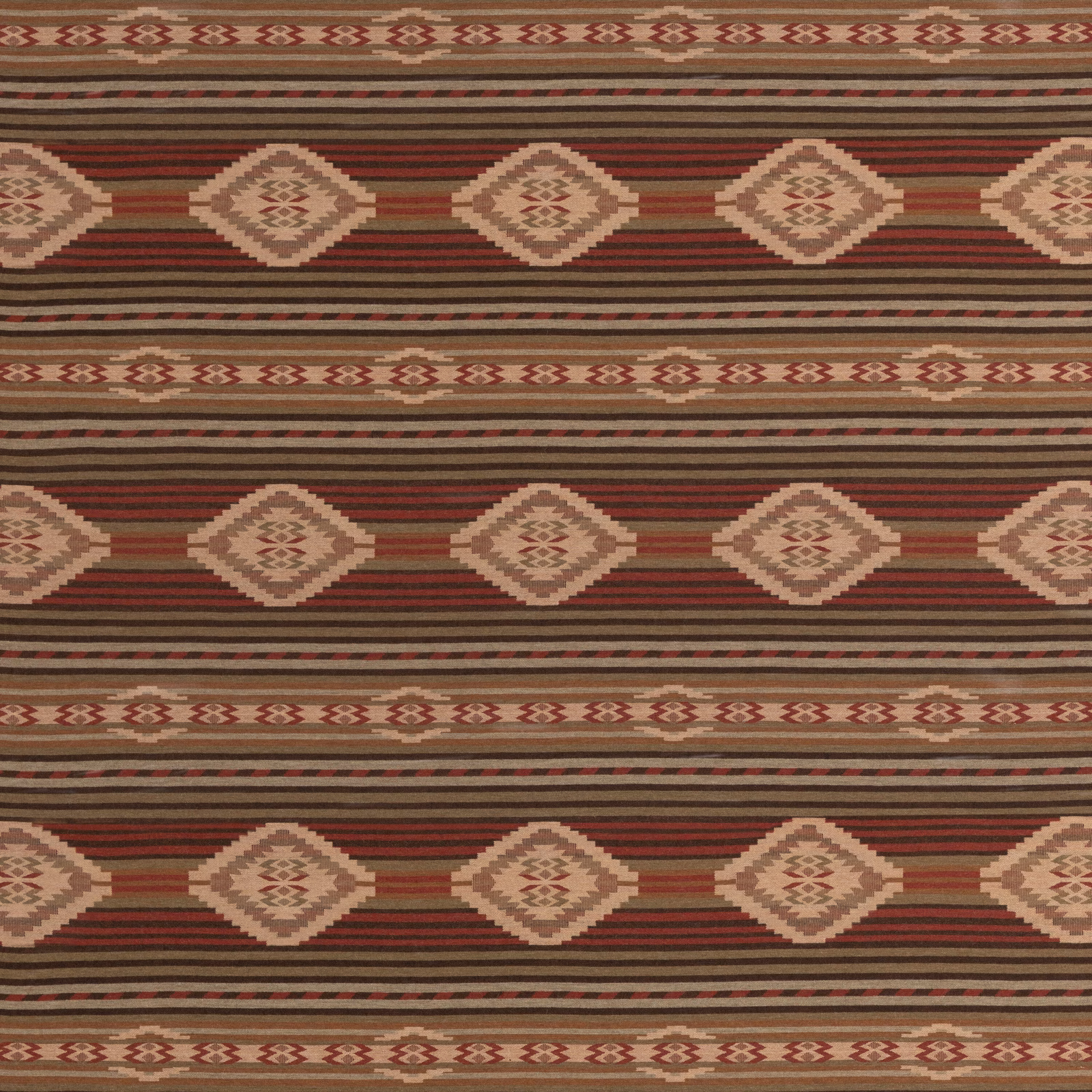 Muted red and sage wool weave with cream diamond medallions and horizontal stripes