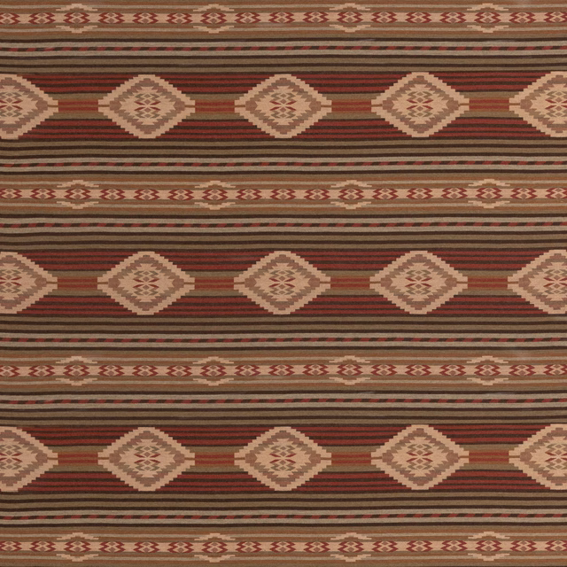 Muted red and sage wool weave with cream diamond medallions and horizontal stripes