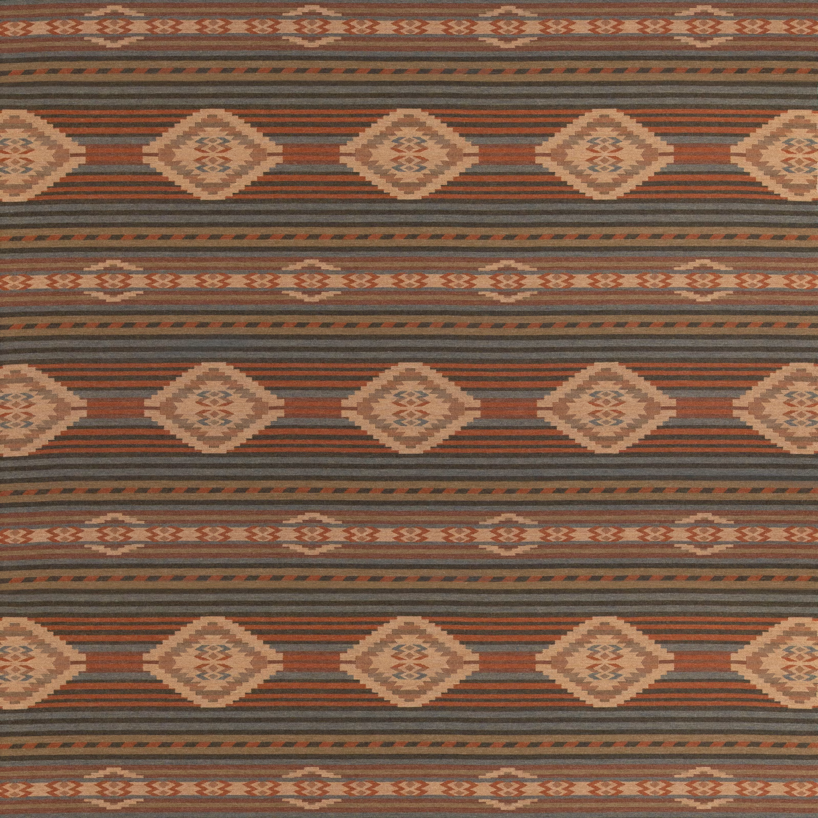 Russet and teal wool fabric with tan geometric diamonds and horizontal woven bands