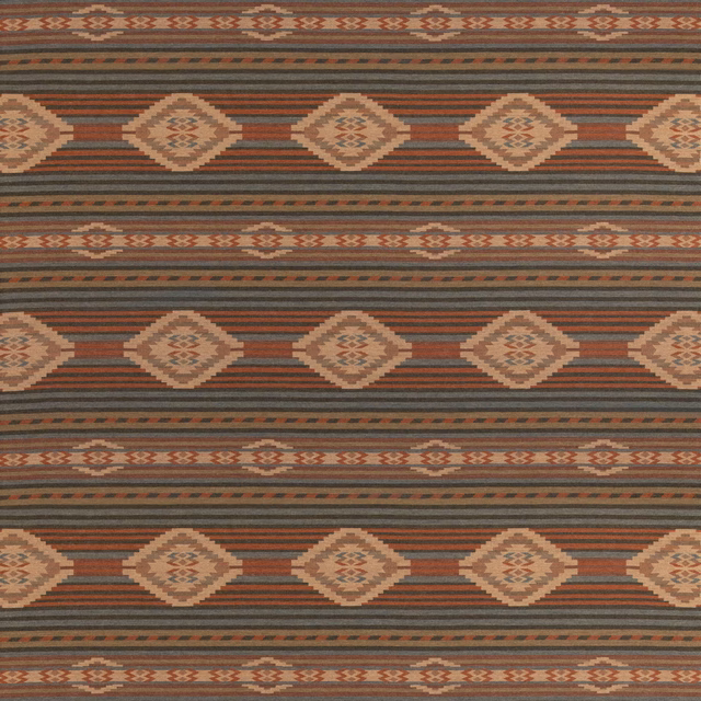 Russet and teal wool fabric with tan geometric diamonds and horizontal woven bands