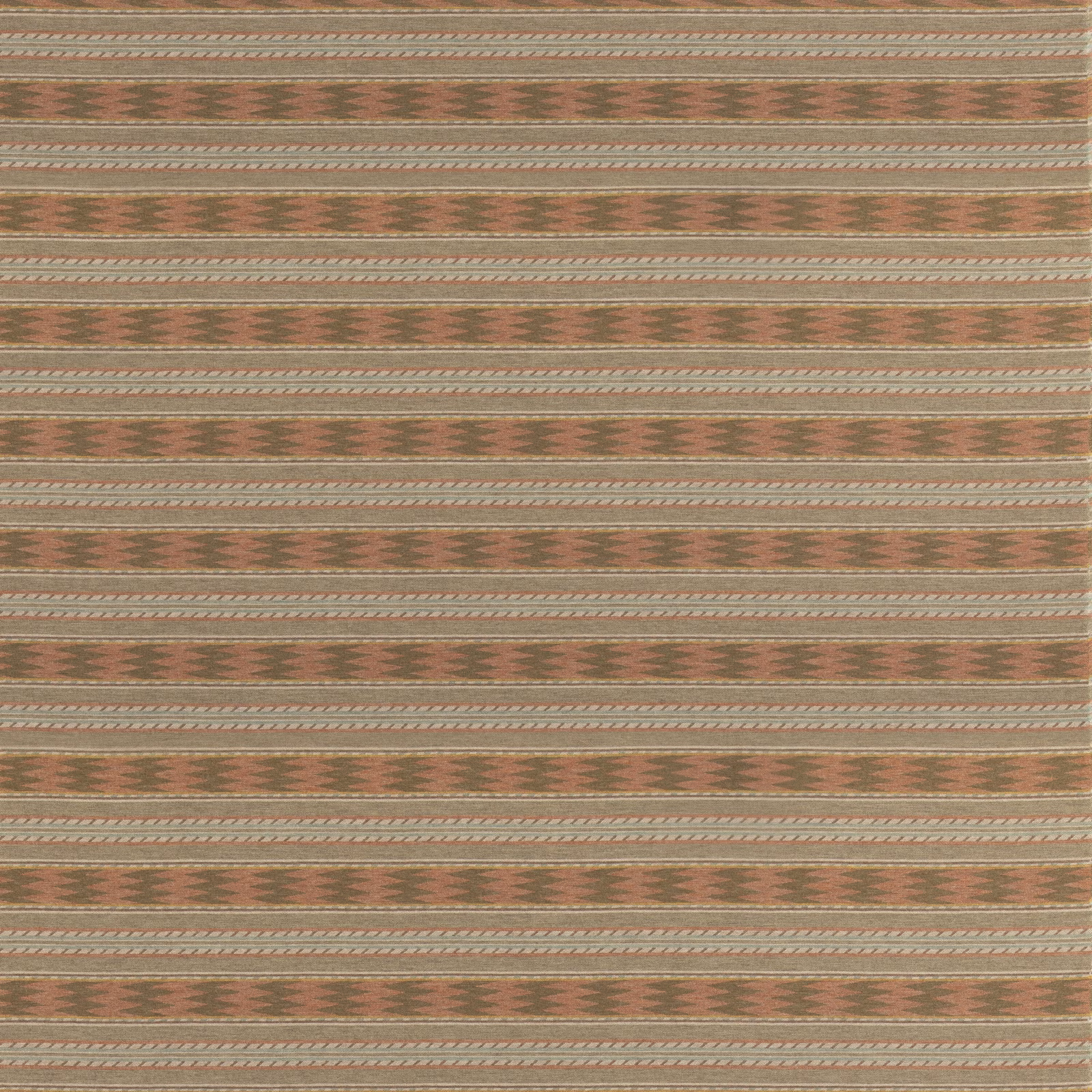 Muted olive wool with terracotta geometric motifs and fine cream stripes