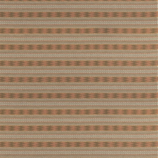 Muted olive wool with terracotta geometric motifs and fine cream stripes