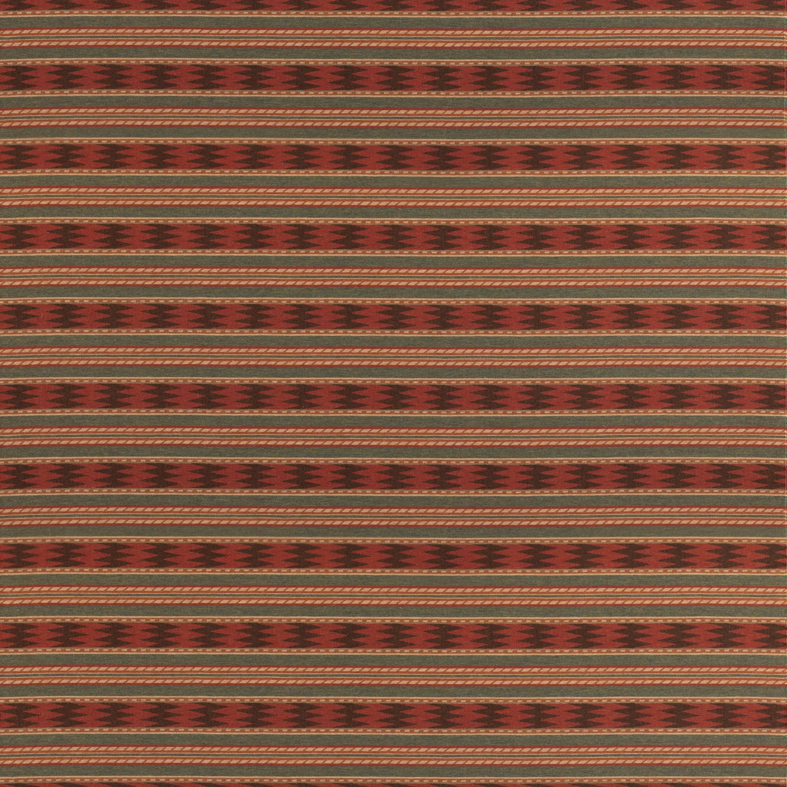 Deep red and olive wool with repeating geometric bands and fine horizontal stripes