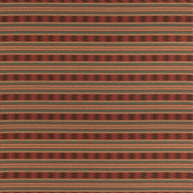 Deep red and olive wool with repeating geometric bands and fine horizontal stripes