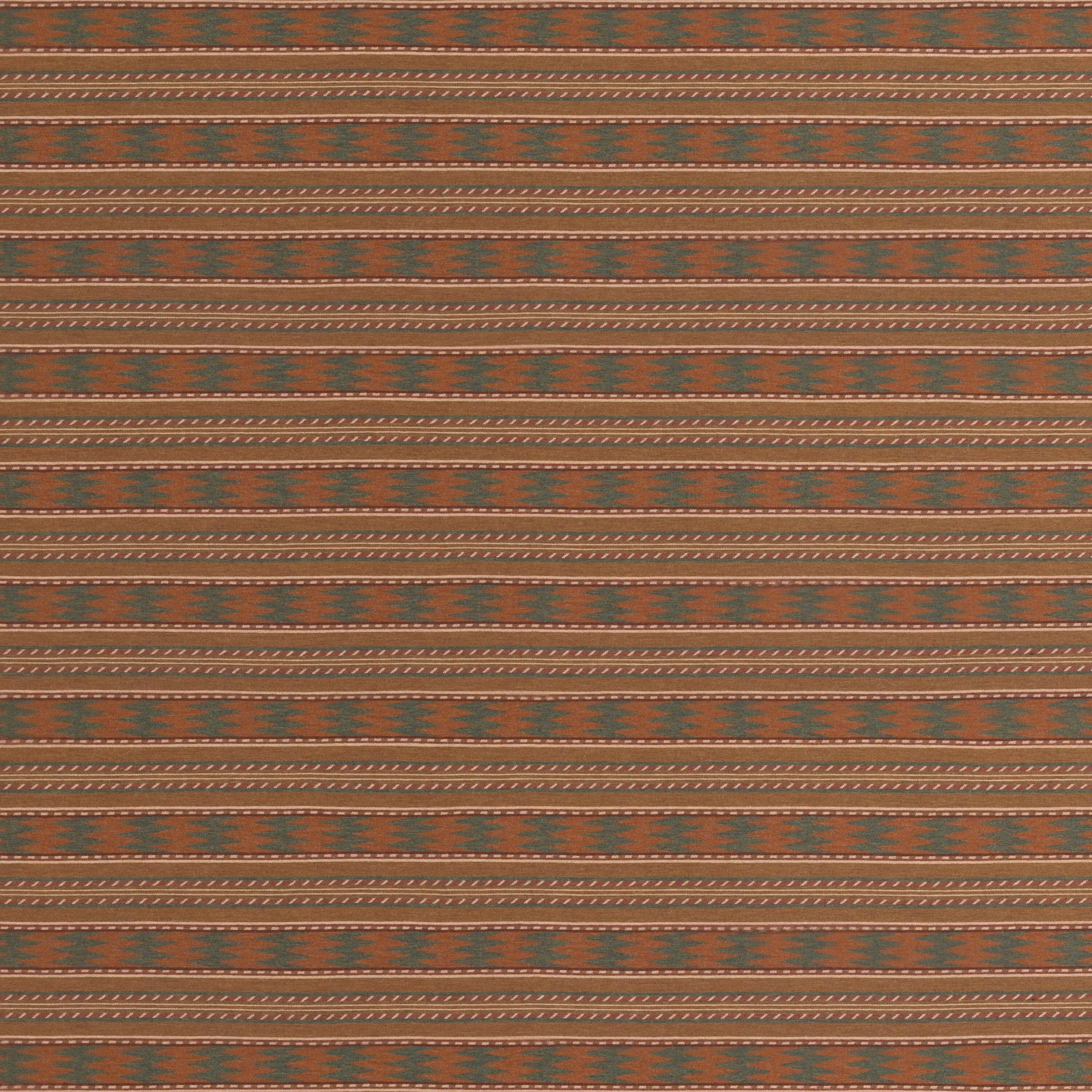 Russet wool fabric with green geometric bands and fine pale horizontal stripes