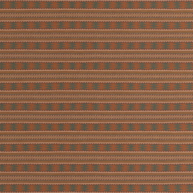 Russet wool fabric with green geometric bands and fine pale horizontal stripes