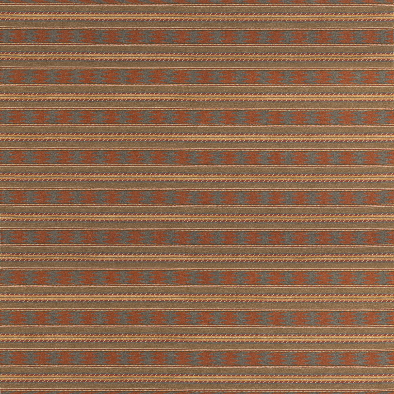 Muted russet and teal wool fabric with horizontal geometric stripe bands