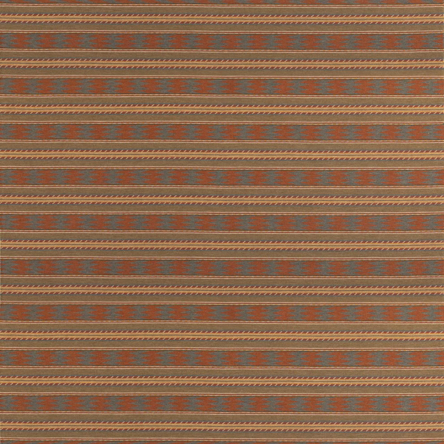 Muted russet and teal wool fabric with horizontal geometric stripe bands