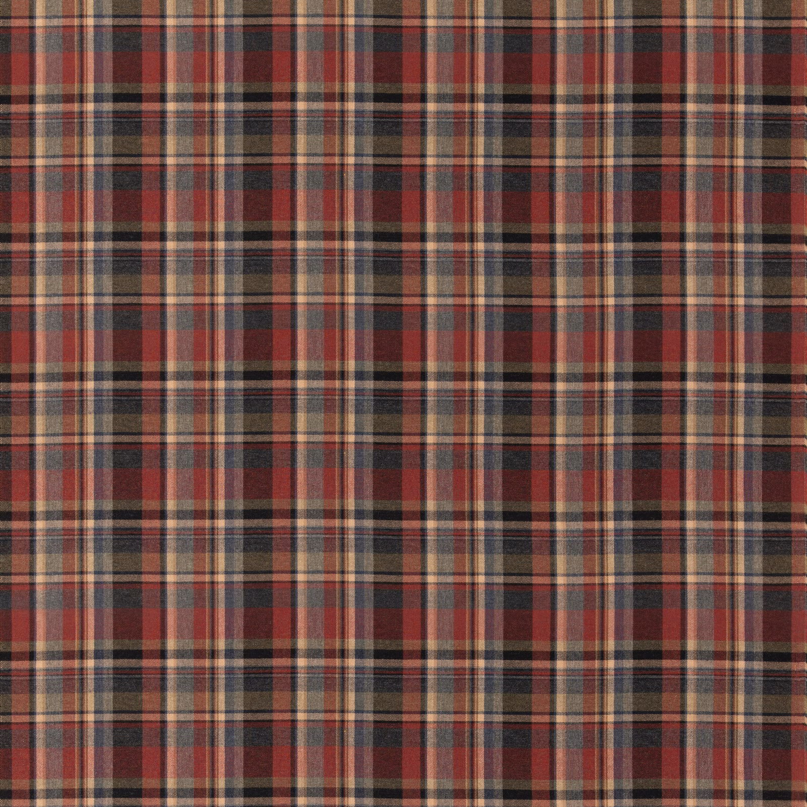 Charcoal and muted red wool plaid with layered fine tan, grey and black lines