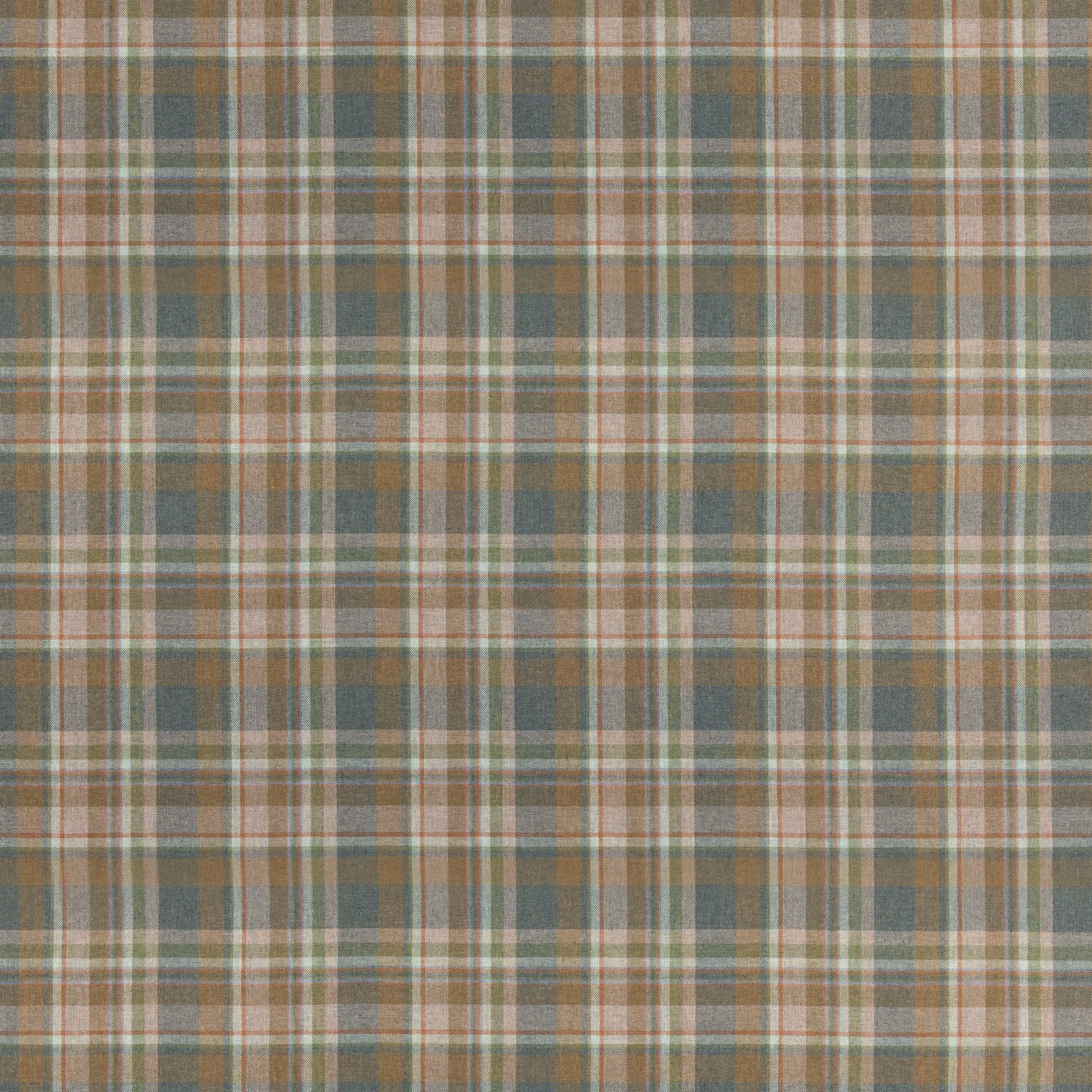 Muted lovat green wool plaid with cream, rust and grey intersecting stripes