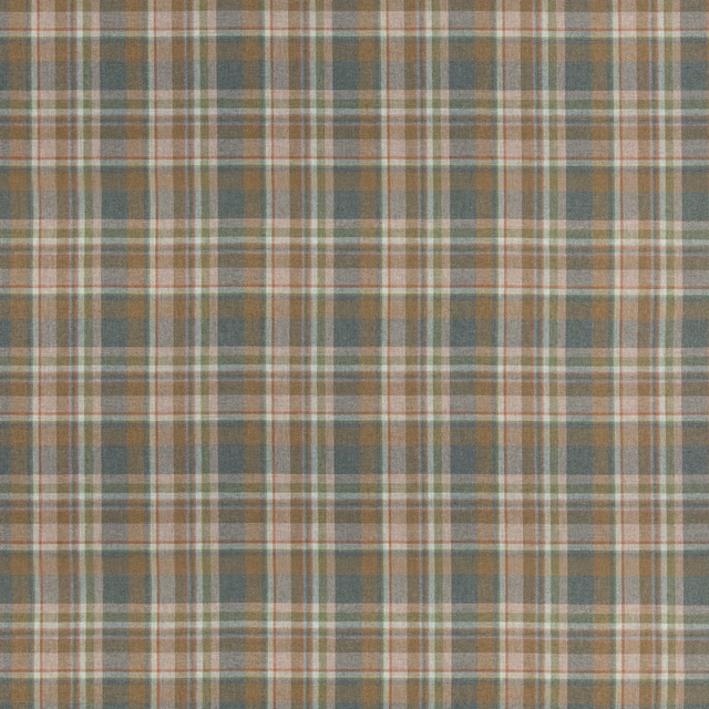Muted lovat green wool plaid with cream, rust and grey intersecting stripes