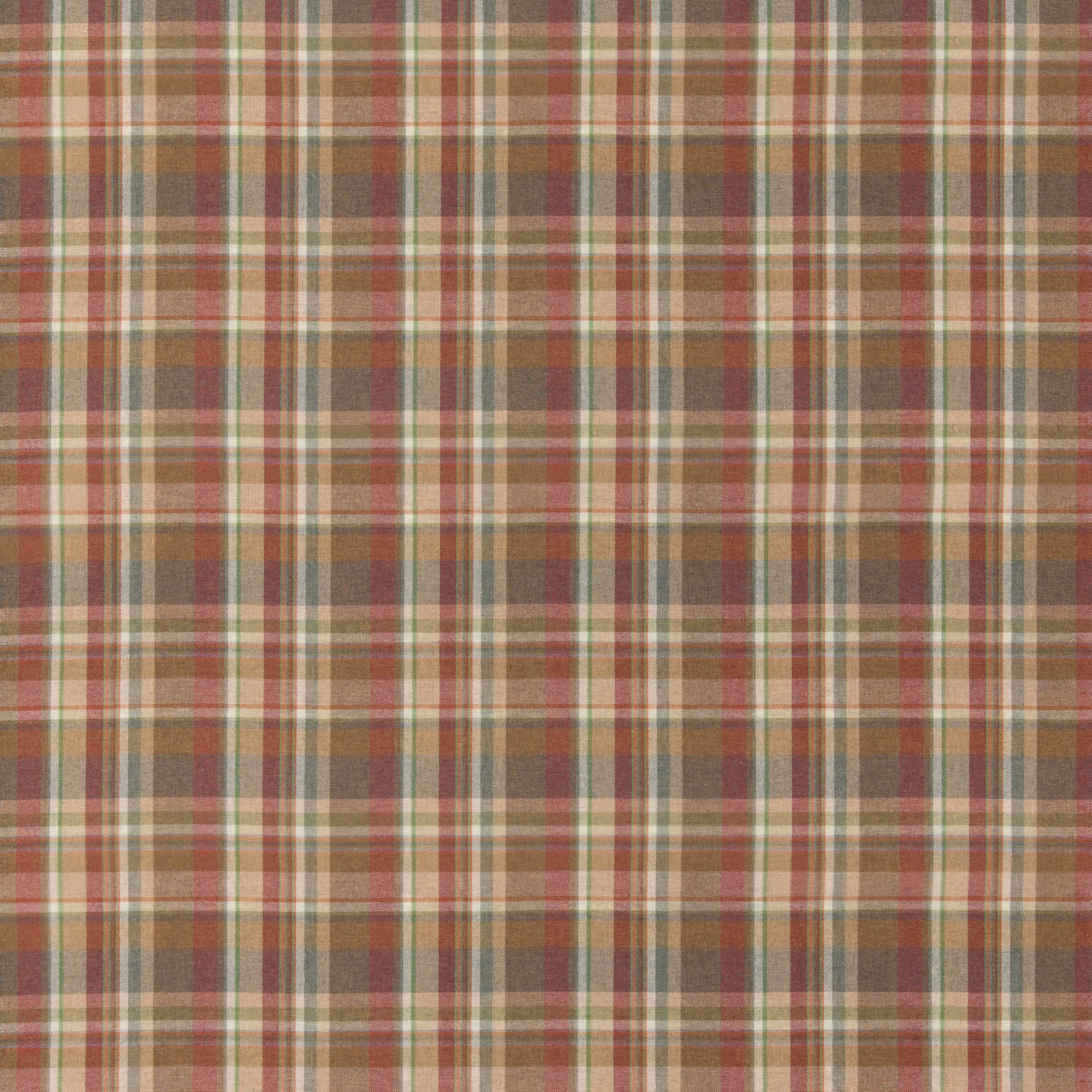 Warm red and gold wool plaid with olive, cream and charcoal woven checks