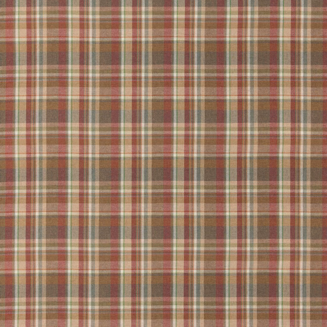 Warm red and gold wool plaid with olive, cream and charcoal woven checks