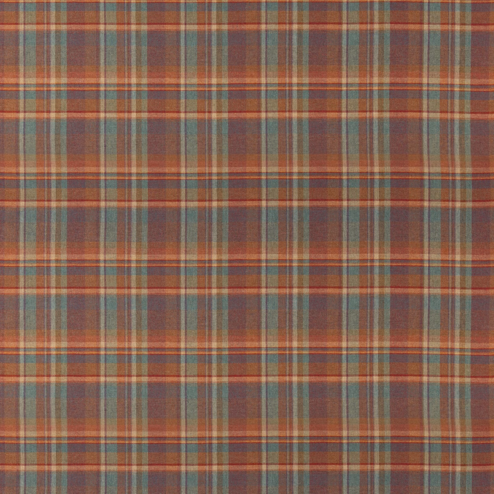 Muted red and teal wool plaid with layered fine stripes and woven texture
