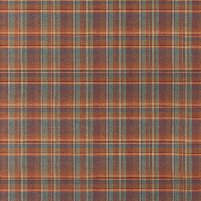 Muted red and teal wool plaid with layered fine stripes and woven texture