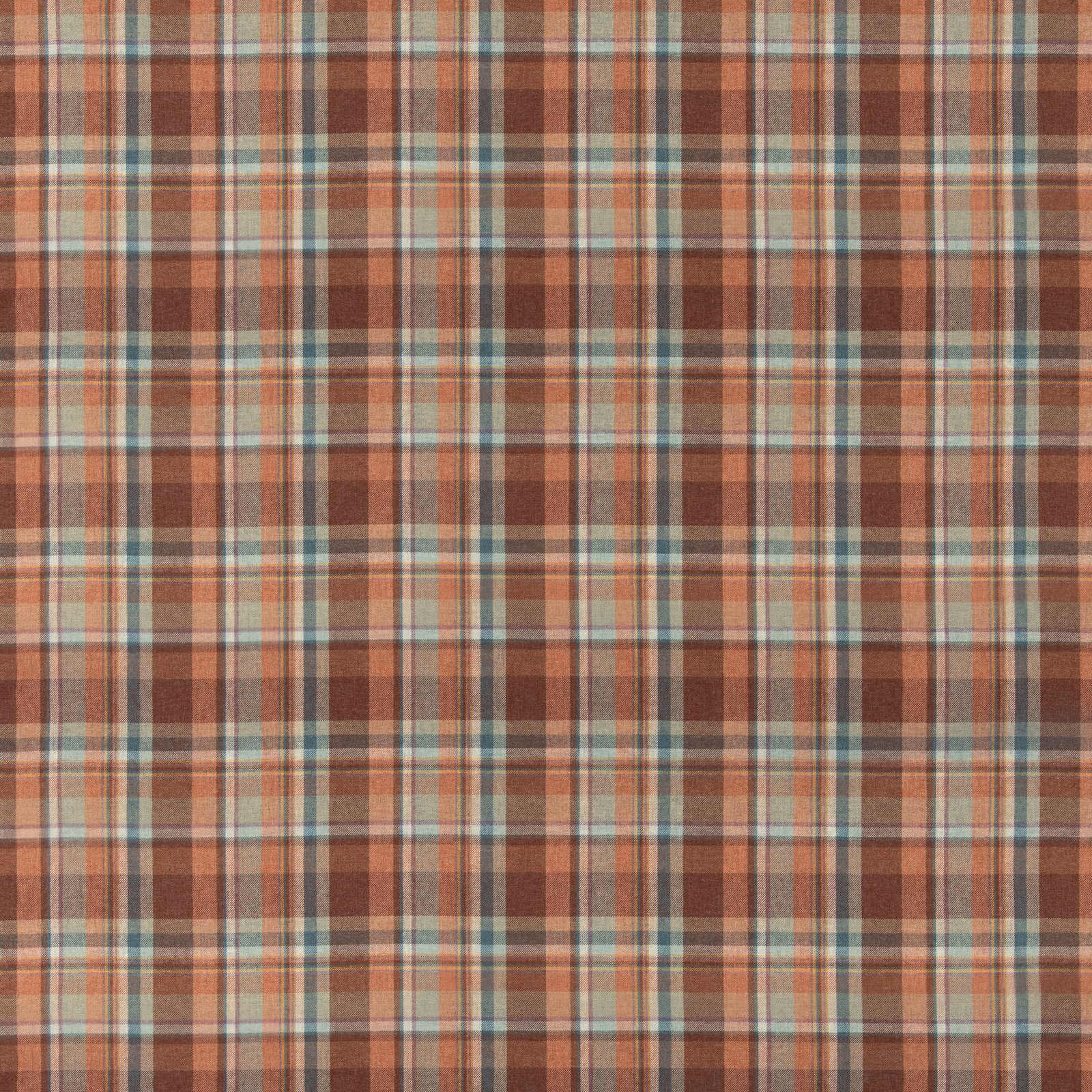 Russet wool plaid with aqua, cream and charcoal woven overcheck lines