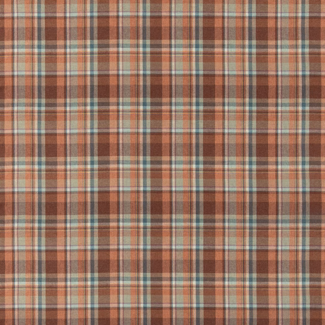 Russet wool plaid with aqua, cream and charcoal woven overcheck lines