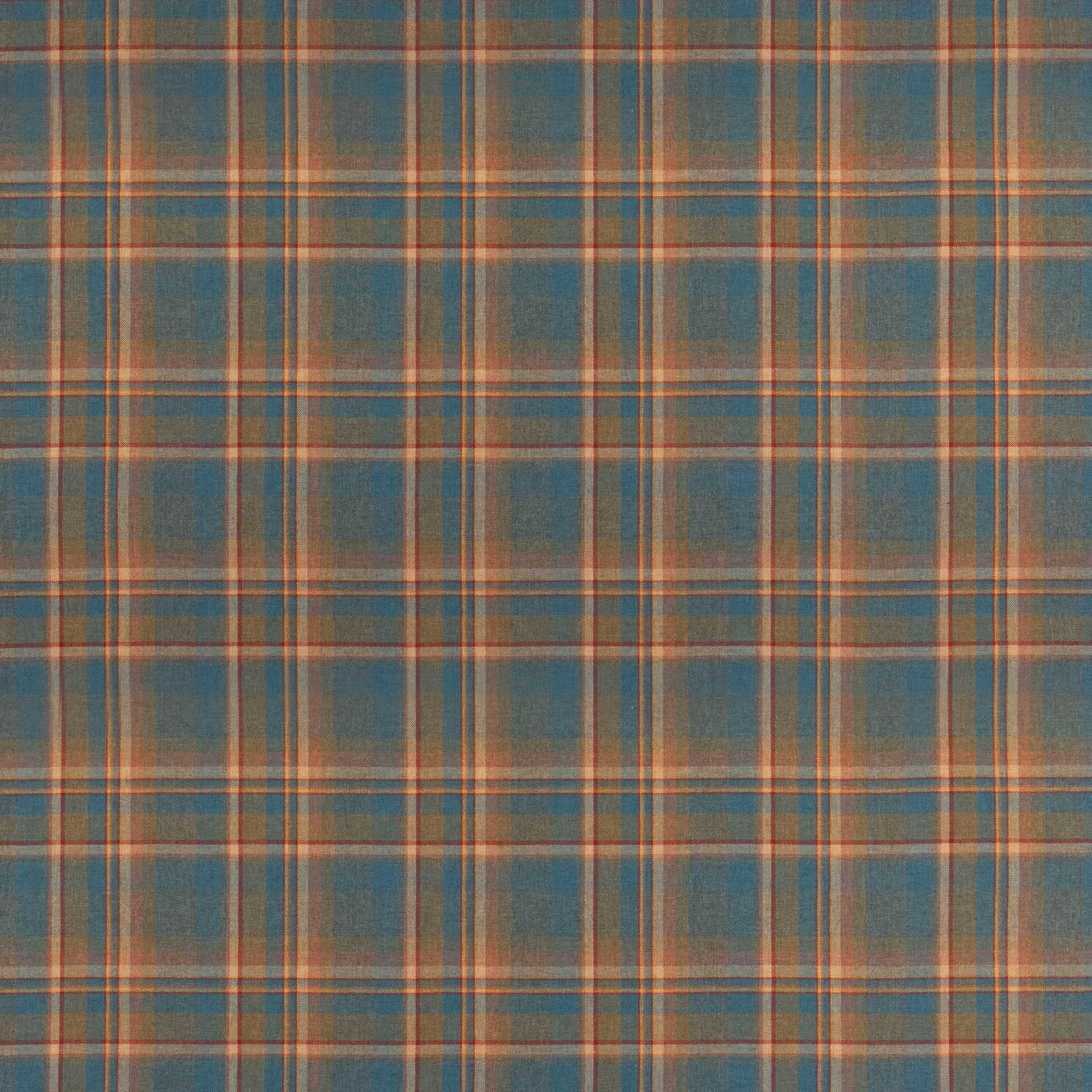 Muted teal wool plaid with rust-orange, copper and pale blue intersecting checks