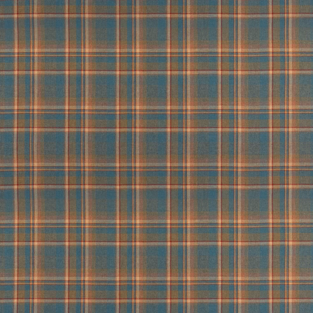 Muted teal wool plaid with rust-orange, copper and pale blue intersecting checks