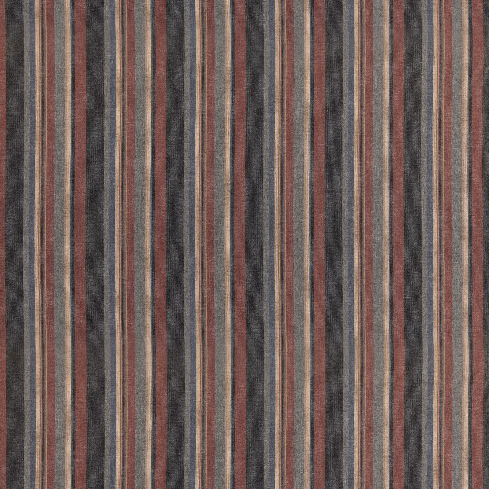 Charcoal wool with narrow red, taupe and grey vertical stripes in a close weave