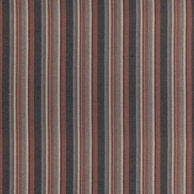 Charcoal wool with narrow red, taupe and grey vertical stripes in a close weave