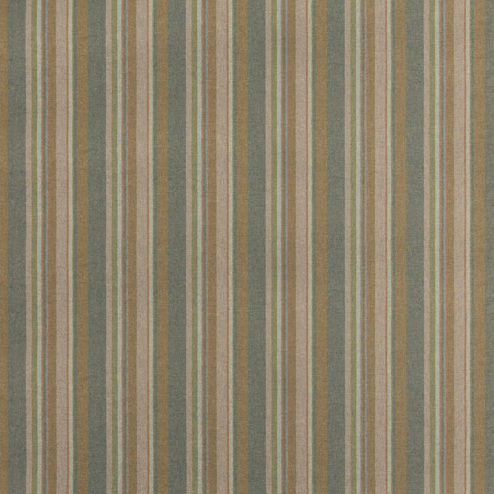 Muted lovat green wool with fine vertical ochre, taupe and cream stripes