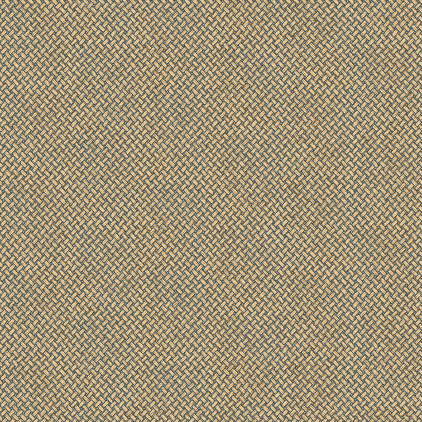 Muted teal wallpaper with a small interlocking basketweave pattern and sandy beige detail