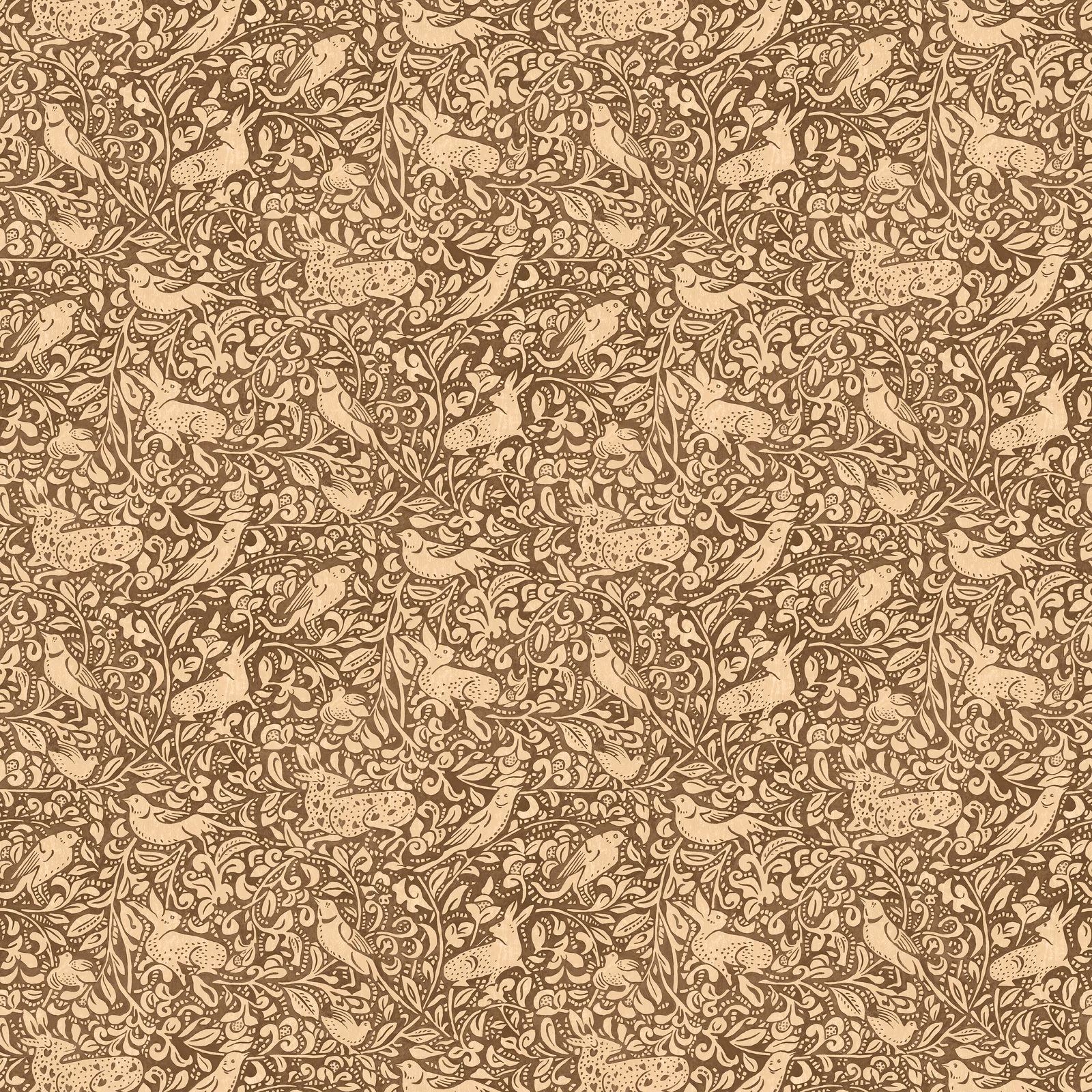 Espresso brown and warm beige paisley foliage wallpaper with dense scrolling botanical detail