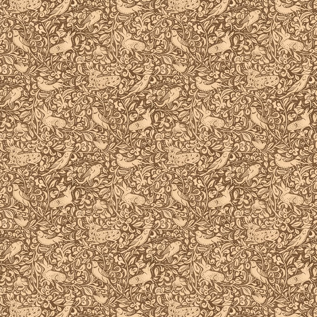 Espresso brown and warm beige paisley foliage wallpaper with dense scrolling botanical detail