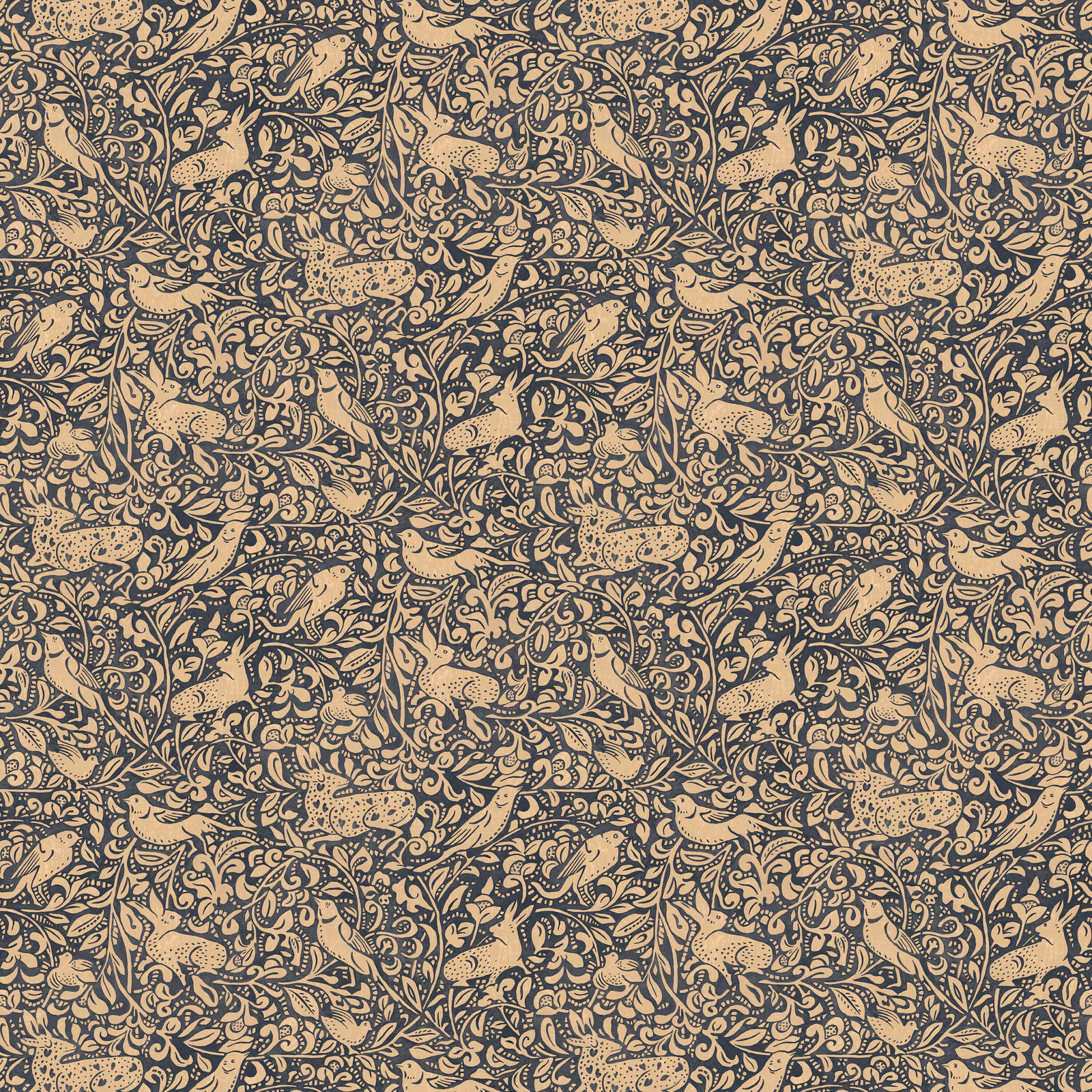 Dense indigo paisley and curling foliage on a warm beige ground