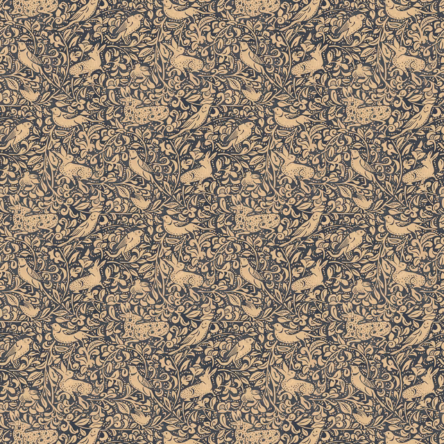 Dense indigo paisley and curling foliage on a warm beige ground