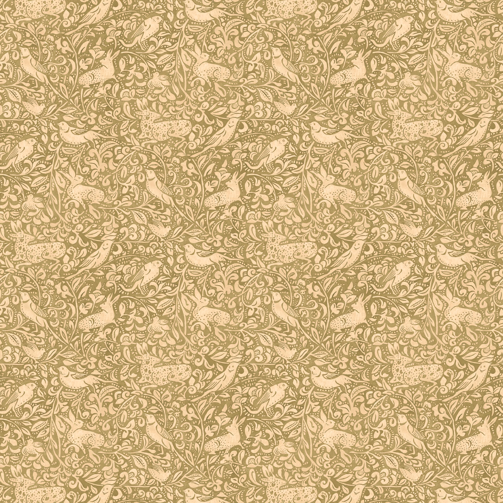 Muted moss and cream wallpaper with dense scrolling foliage and paisley motifs