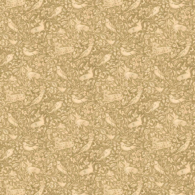 Muted moss and cream wallpaper with dense scrolling foliage and paisley motifs